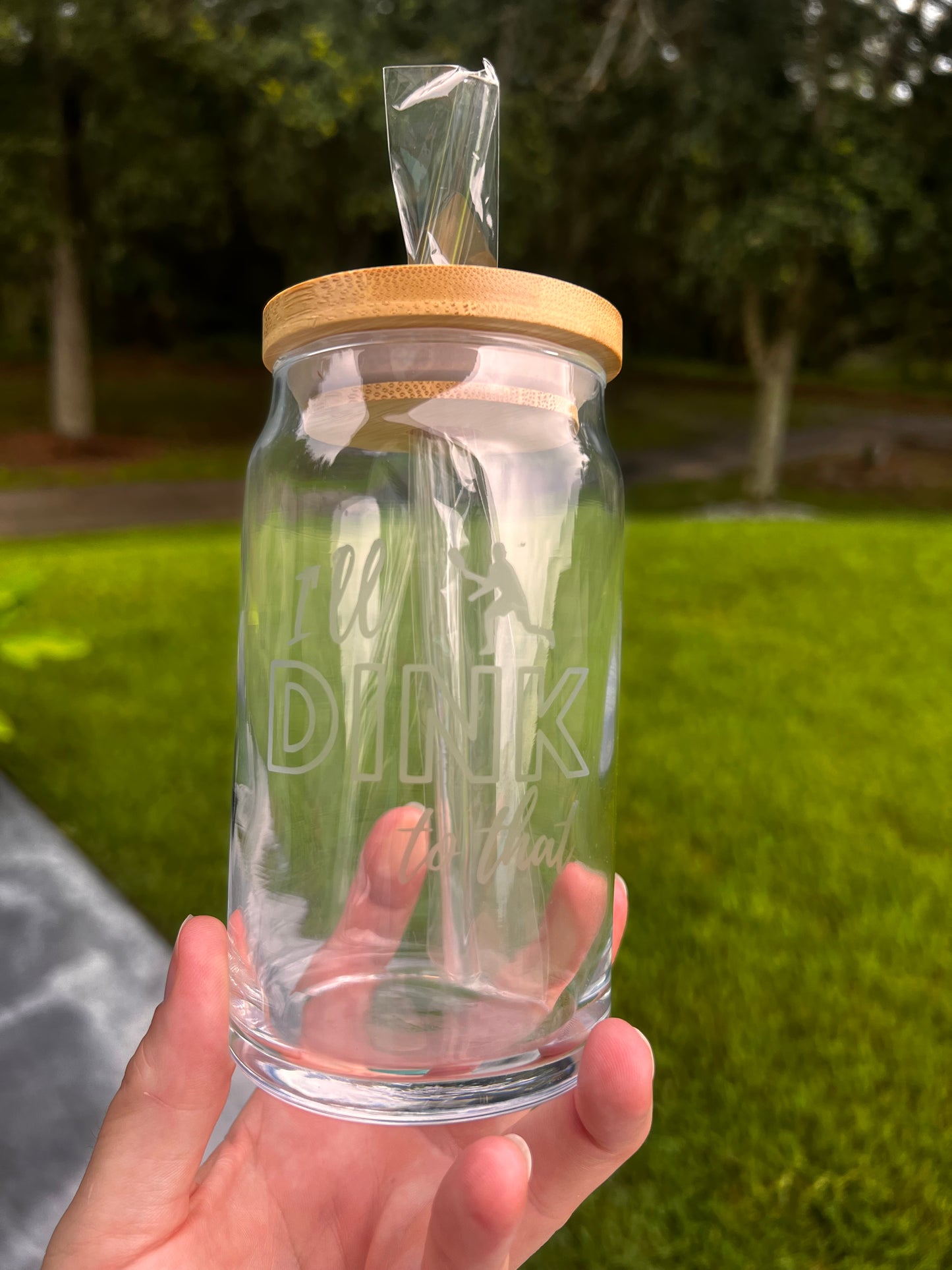 Etched Glass Can Cup w/Bamboo Lid & Straw