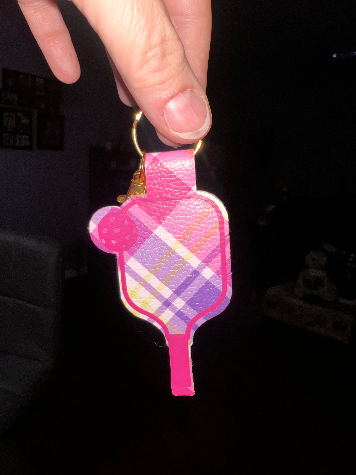 Pink Plaid Pickleball Paddle Keychain – Faux Leather Pickleball Bag Charm