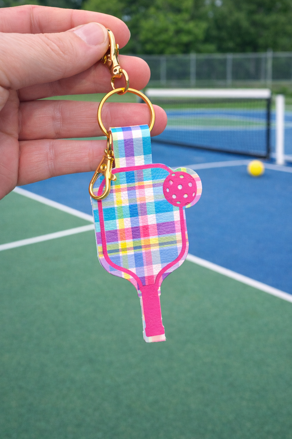 Colorful Plaid Pickleball Paddle Keychain – Faux Leather Pickleball Bag Charm