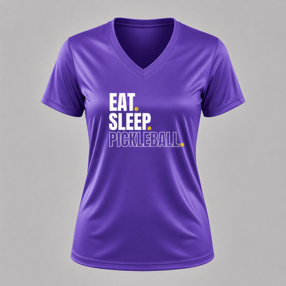 Women’s Eat Sleep Pickleball Performance V-Neck Shirt – Purple Athletic Tee