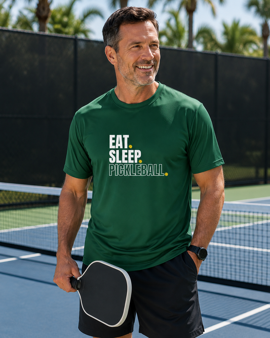 Men’s Eat Sleep Pickleball Performance Shirt – Green Moisture Wicking Athletic Tee