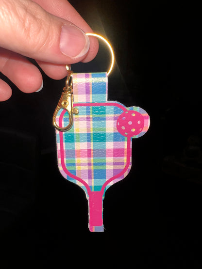 Colorful Plaid Pickleball Paddle Keychain – Faux Leather Pickleball Bag Charm