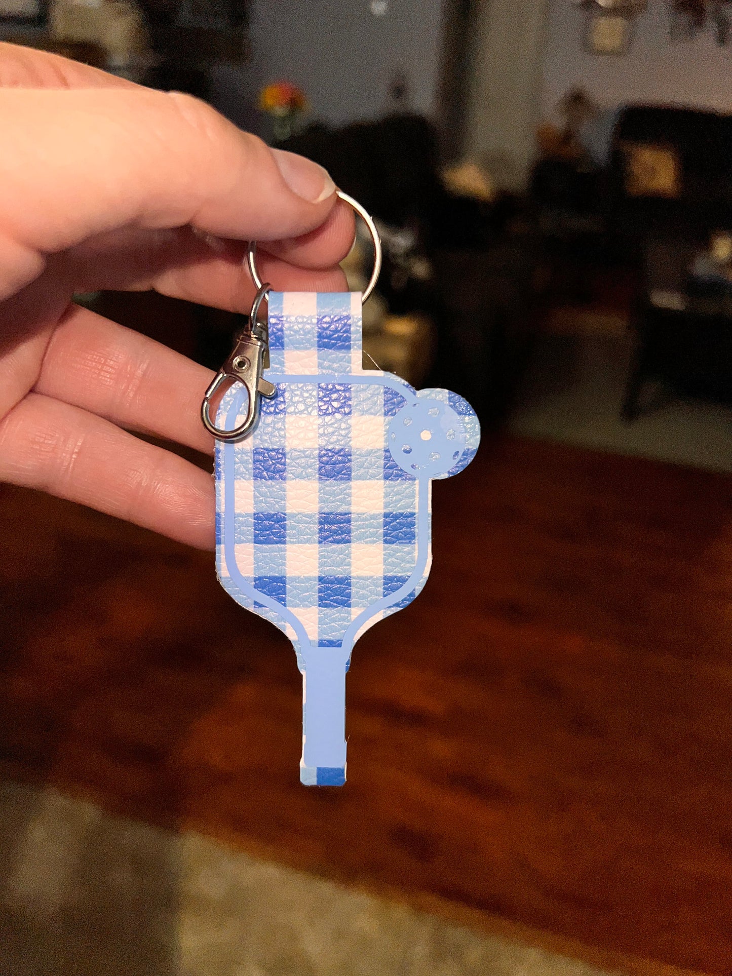 Blue Plaid Pickleball Paddle Keychain – Faux Leather Pickleball Bag Charm