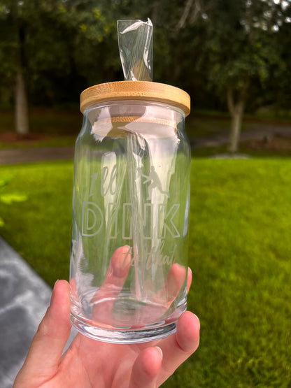 Etched Glass Can Cup w/Bamboo Lid & Straw