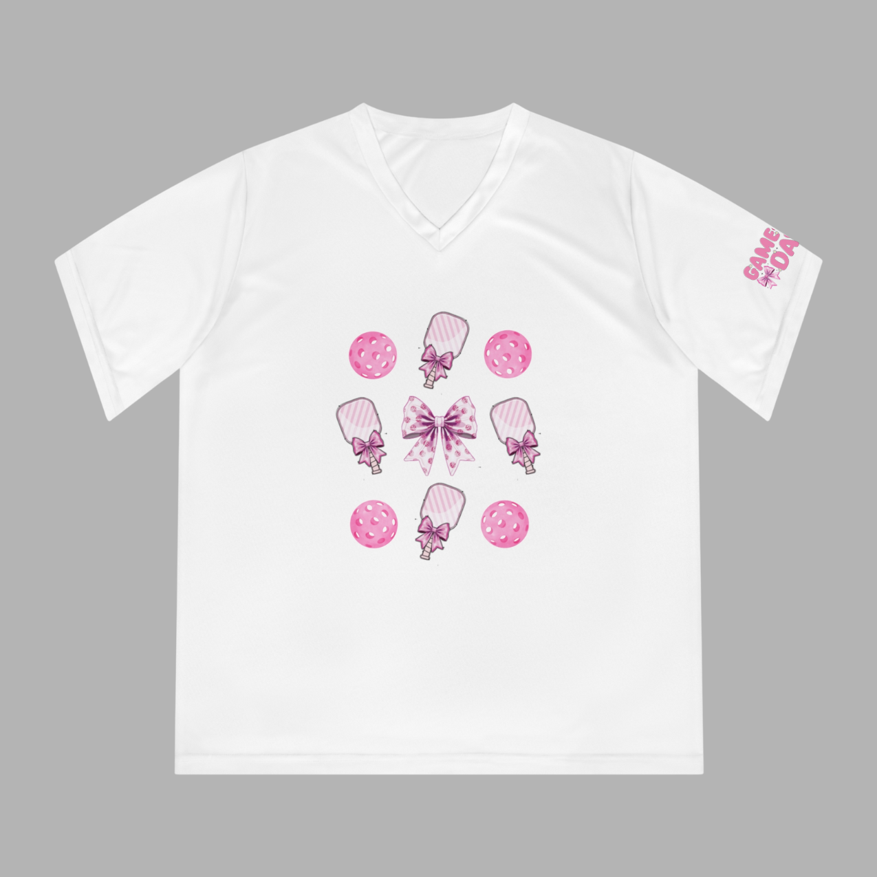 Pink Bows & Pickleballs Performance V-Neck Tee