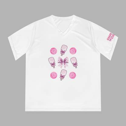 Pink Bows & Pickleballs Performance V-Neck Tee