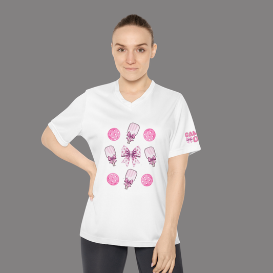 Pink Bows & Pickleballs Performance V-Neck Tee