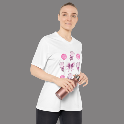 Pink Bows & Pickleballs Performance V-Neck Tee