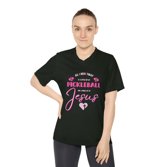 All I Need Today Is Pickleball & Jesus – Performance V-Neck Tee (Pink)