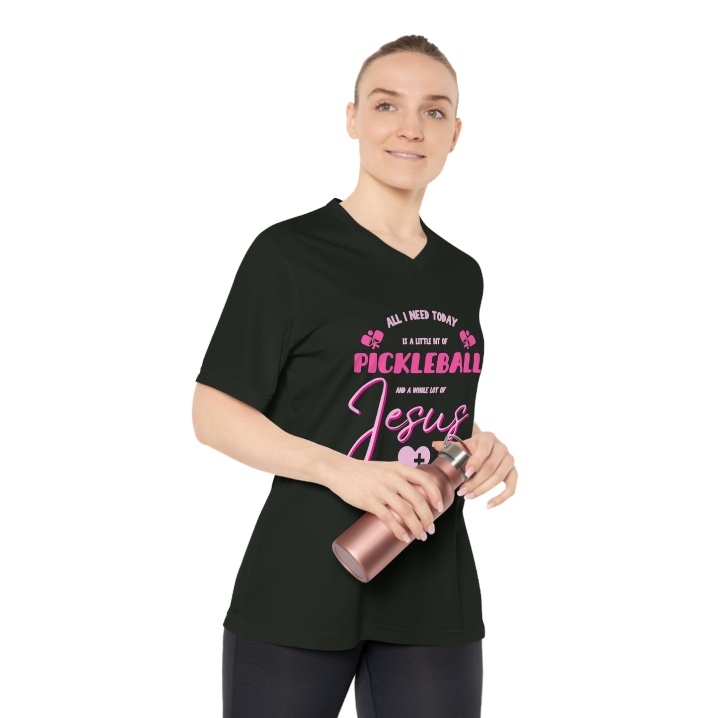 All I Need Today Is Pickleball & Jesus – Performance V-Neck Tee (Pink)