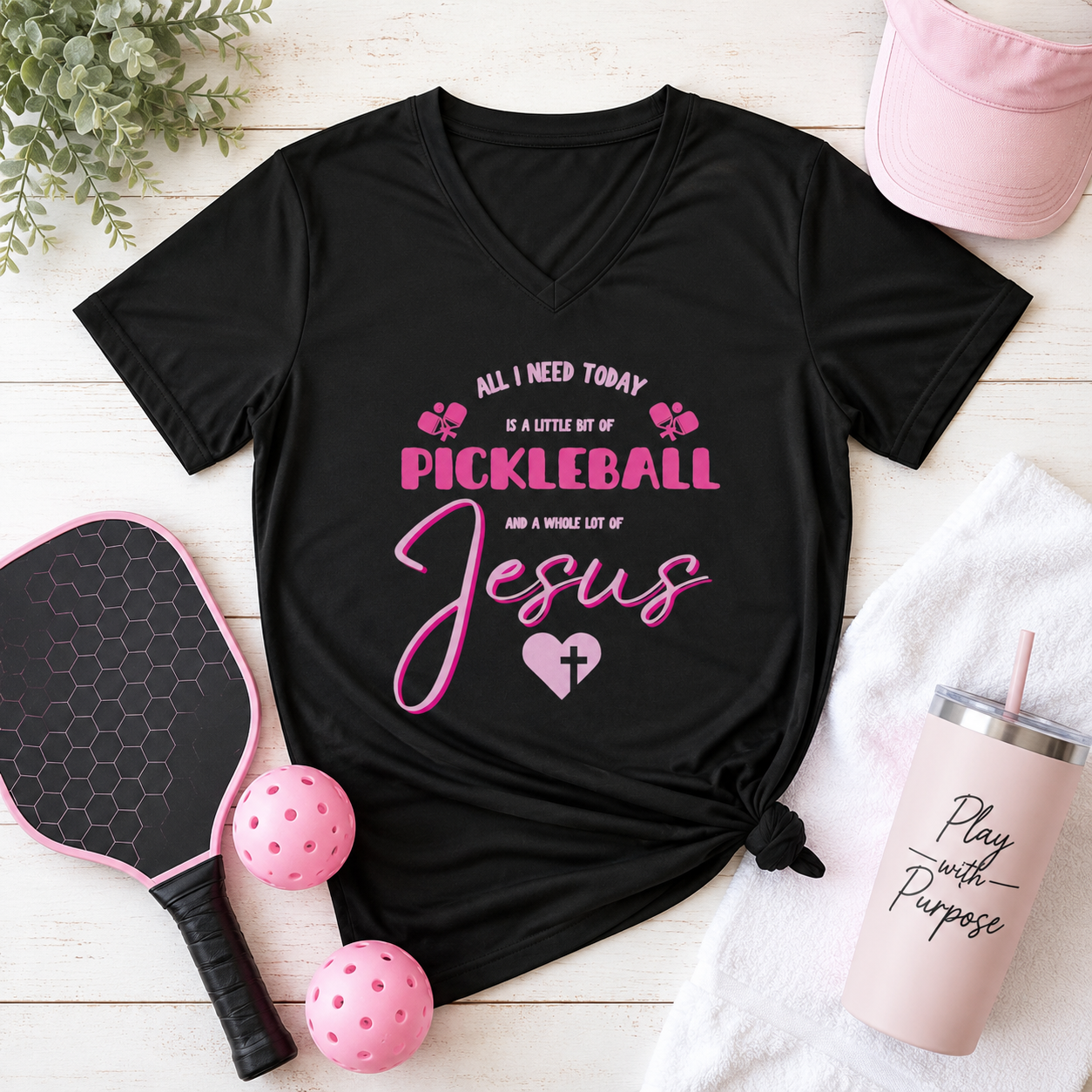 All I Need Today Is Pickleball & Jesus – Performance V-Neck Tee (Pink)