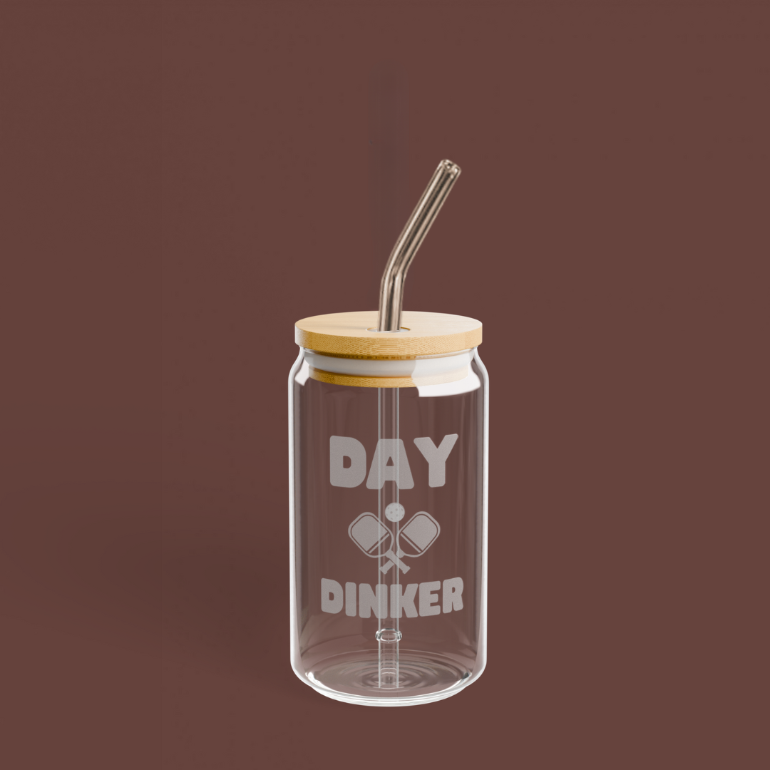 Etched Glass Can Cup w/Bamboo Lid & Straw