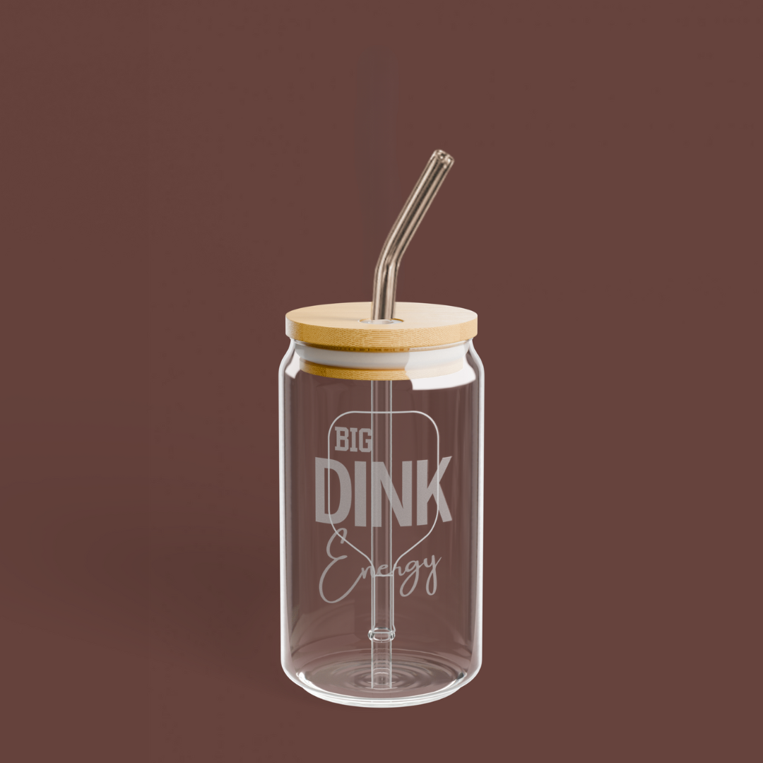 Etched Glass Can Cup w/Bamboo Lid & Straw