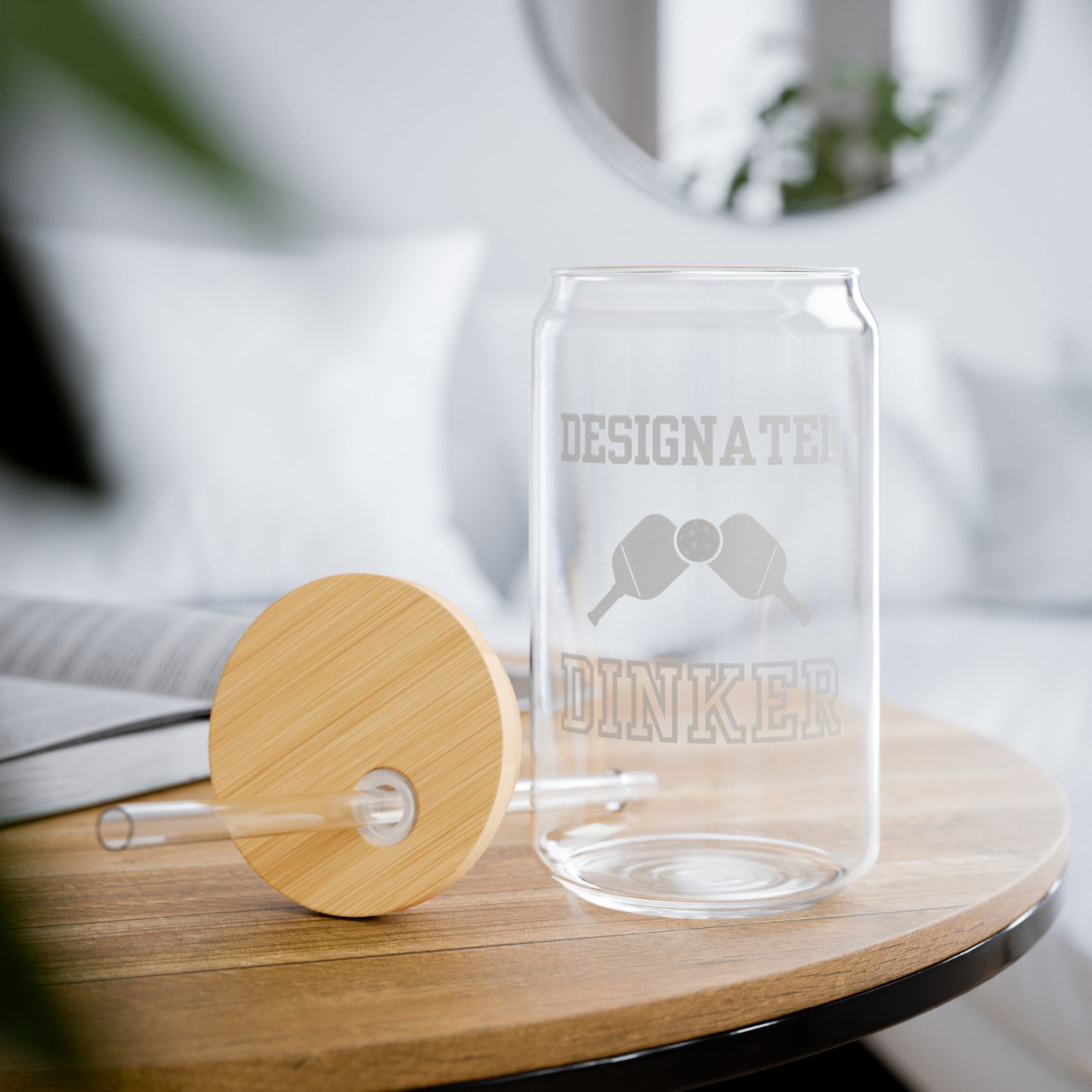 Etched Glass Can Cup w/Bamboo Lid & Straw
