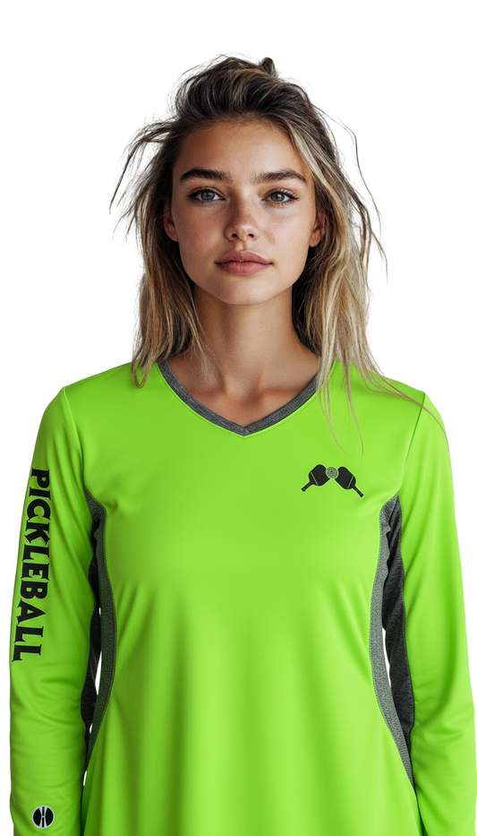 Women’s Long Sleeve Performance Pickleball Shirt – Lime, Red, & Navy | Moisture-Wicking Activewear Top