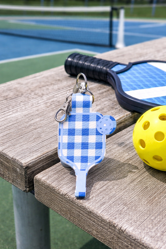 Blue Plaid Pickleball Paddle Keychain – Faux Leather Pickleball Bag Charm