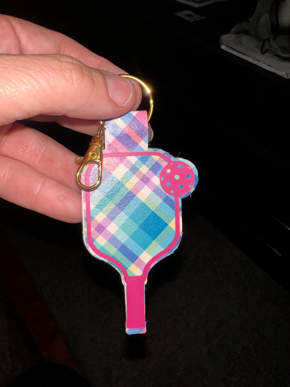 Colorful Plaid Pickleball Paddle Keychain – Faux Leather Pickleball Bag Charm