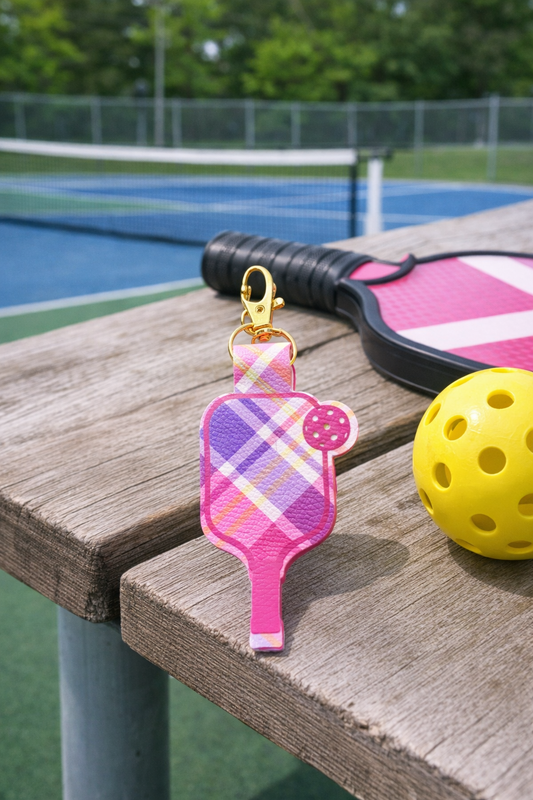 Pink Plaid Pickleball Paddle Keychain – Faux Leather Pickleball Bag Charm