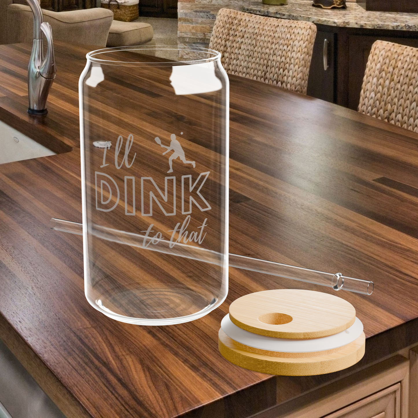 Etched Glass Can Cup w/Bamboo Lid & Straw