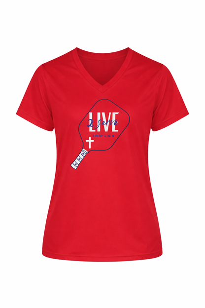LIVE 2 Serve Pickleball Shirt – Christian Pickleball Apparel, Faith-Based Dri-Fit Tee, Women’s Performance V-Neck Shirt