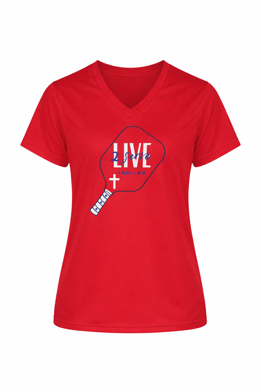 LIVE 2 Serve Pickleball Shirt – Christian Pickleball Apparel, Faith-Based Dri-Fit Tee, Women’s Performance V-Neck Shirt