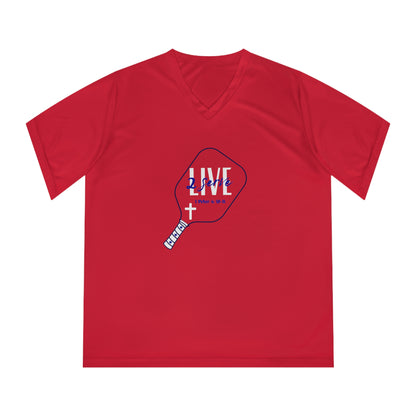 LIVE 2 Serve Pickleball Shirt – Christian Pickleball Apparel, Faith-Based Dri-Fit Tee, Women’s Performance V-Neck Shirt