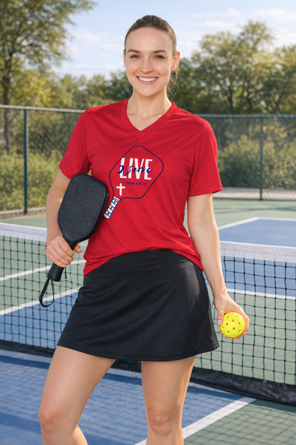 LIVE 2 Serve Pickleball Shirt – Christian Pickleball Apparel, Faith-Based Dri-Fit Tee, Women’s Performance V-Neck Shirt