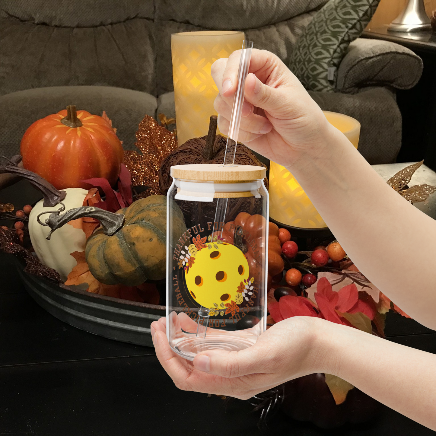 Glass Can Cup - THANKFUL for Pickleball